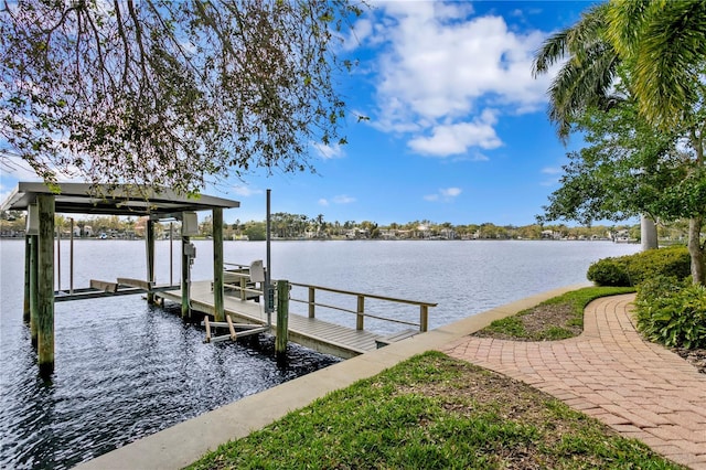 view of dock featuring a water view and boat lift