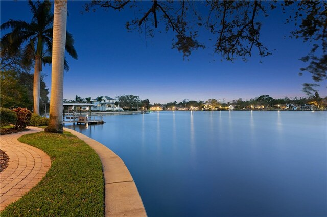 view of water feature with a dock