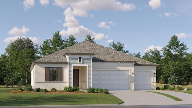 ranch-style house featuring stucco siding, driveway, a front yard, and a shingled roof