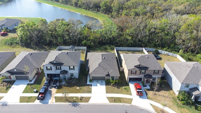 aerial view featuring a residential view and a water view