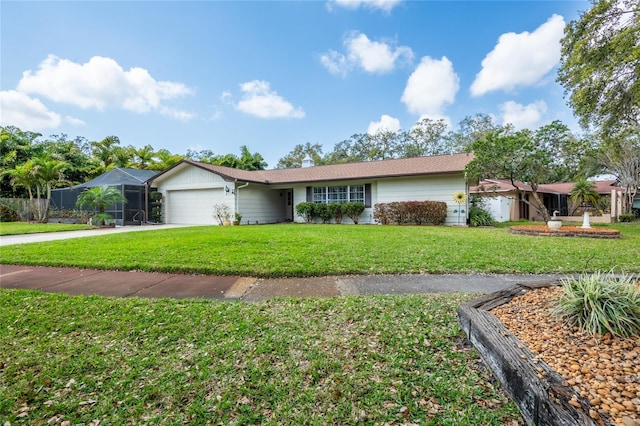 1830 Oak Forest Dr S, Clearwater, FL 33759 - ranch-style house featuring a garage, a front yard, glass enclosure, and driveway