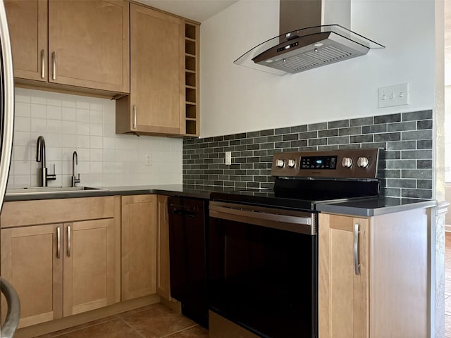 kitchen with stainless steel range with electric stovetop, a sink, open shelves, wall chimney exhaust hood, and decorative backsplash