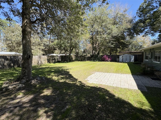 view of yard featuring a fenced backyard, a shed, a patio, and an outdoor structure