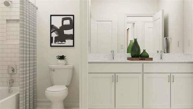 full bathroom with double vanity, shower / tub combo, toilet, and a sink