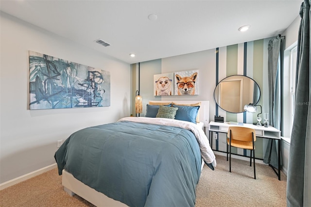 bedroom with recessed lighting, visible vents, carpet flooring, and baseboards