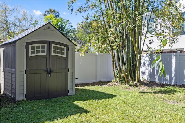 view of shed with a fenced backyard