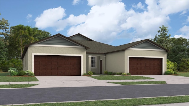 ranch-style home featuring stucco siding, an attached garage, a shingled roof, and driveway