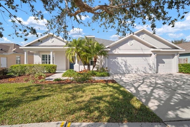 ranch-style home with stucco siding, a front lawn, an attached garage, and driveway