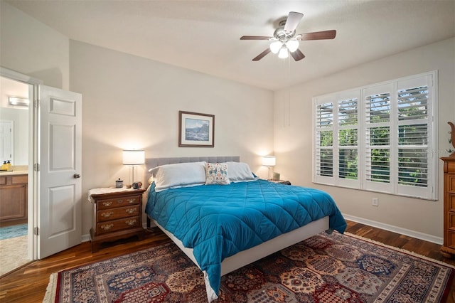 bedroom with dark wood finished floors, baseboards, and ceiling fan