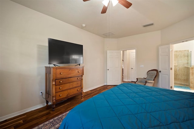 bedroom featuring dark wood finished floors, visible vents, ceiling fan, and baseboards