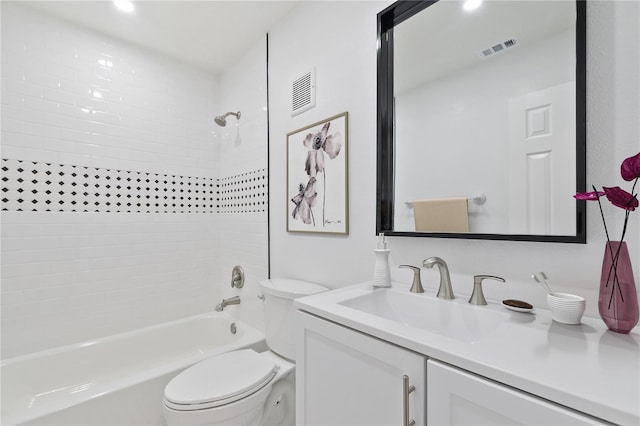 full bath with vanity, toilet, tub / shower combination, and visible vents