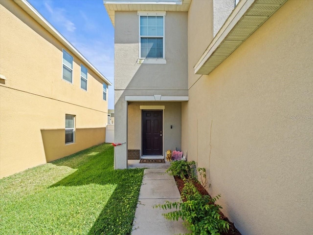 doorway to property featuring a yard and stucco siding