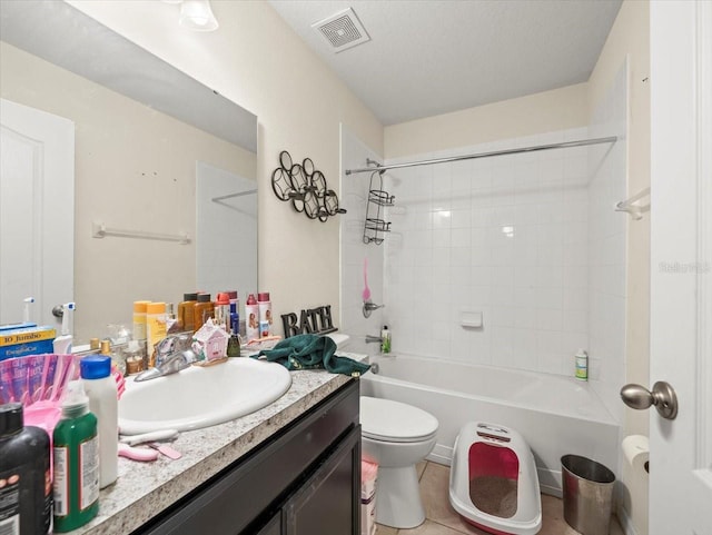 full bath with tile patterned flooring, visible vents, toilet, vanity, and  shower combination