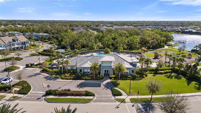 aerial view featuring a water view and a residential view
