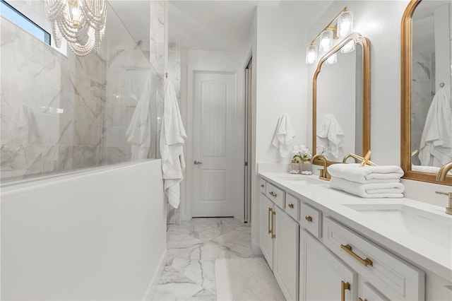 full bathroom featuring a sink, a walk in shower, double vanity, and marble finish floor