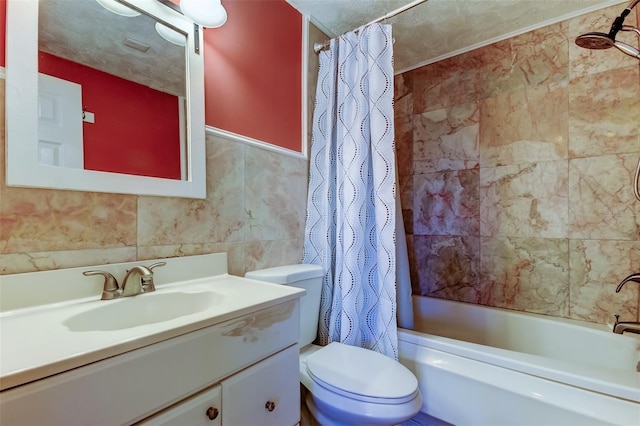 full bathroom with toilet, tile walls, shower / bath combo, and vanity