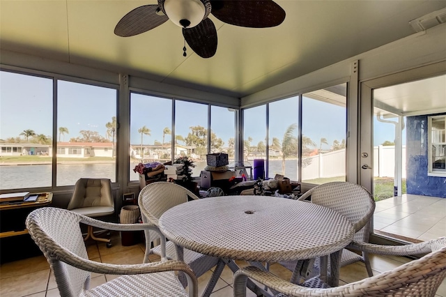 sunroom featuring visible vents, a ceiling fan, and a water view