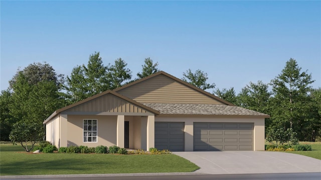 ranch-style house featuring stucco siding, concrete driveway, a shingled roof, and a front yard