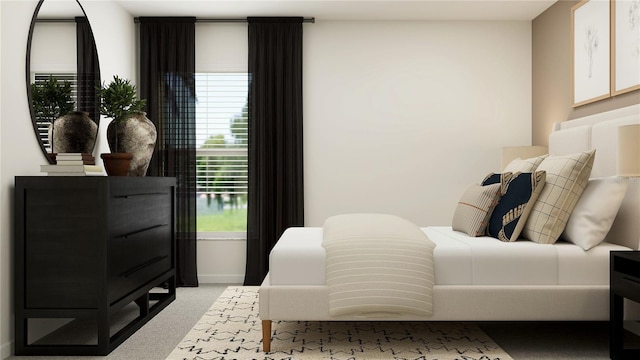 bedroom featuring light colored carpet