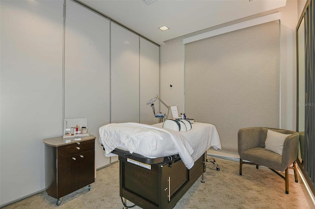 bedroom featuring light carpet