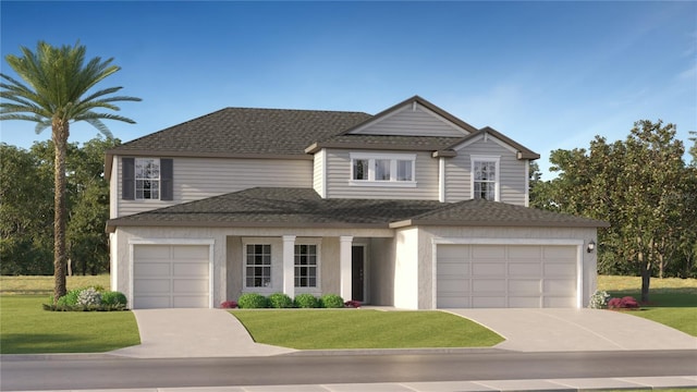 view of front of house with driveway, roof with shingles, and a front yard