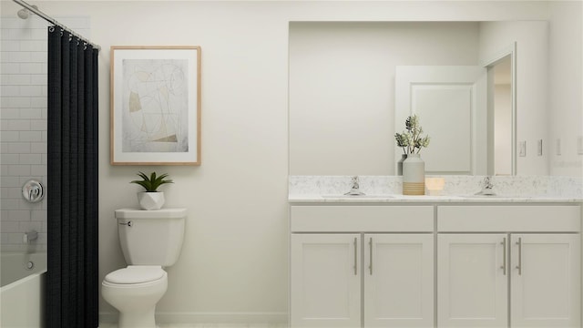 full bathroom featuring double vanity, toilet, shower / bathtub combination with curtain, and a sink