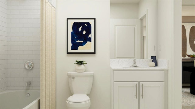 bathroom with toilet, vanity, and shower / bathtub combination with curtain