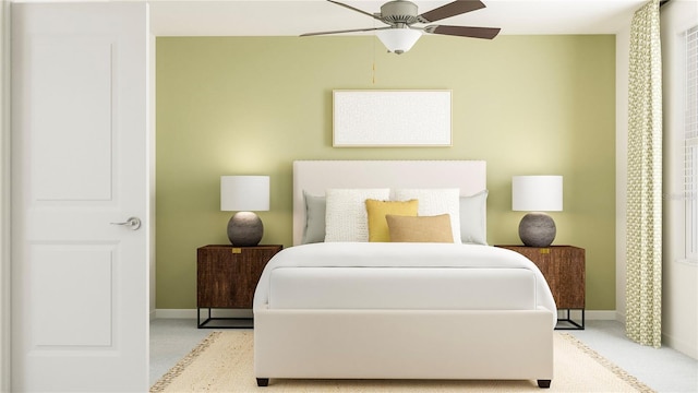 carpeted bedroom featuring baseboards and a ceiling fan