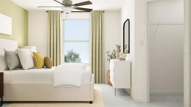 bedroom featuring light colored carpet, baseboards, and ceiling fan