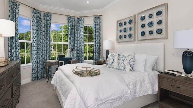 carpeted bedroom with ornamental molding