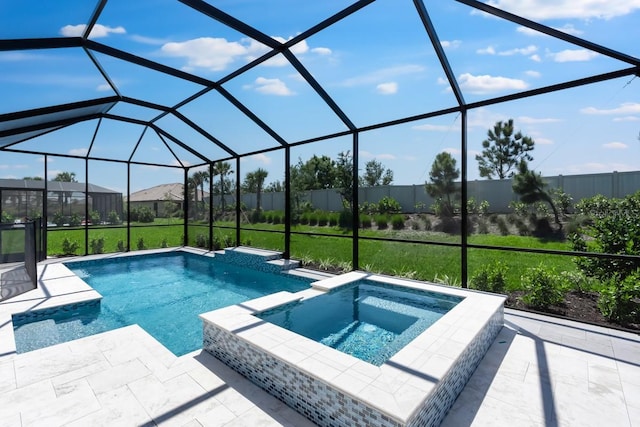 3563 Santa Caterina Blvd, Bradenton, FL 34211 - view of swimming pool with glass enclosure, a patio, and a pool with connected hot tub