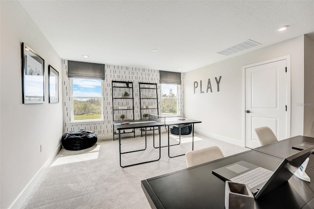 carpeted home office featuring visible vents, a healthy amount of sunlight, a textured ceiling, and baseboards