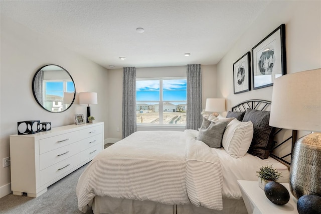 bedroom with light colored carpet, a textured ceiling, and baseboards