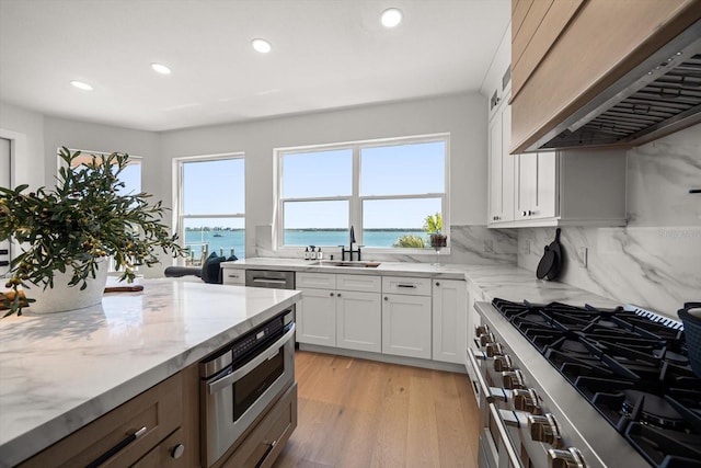 kitchen featuring light stone counters, premium range hood, a sink, high end stainless steel range, and tasteful backsplash