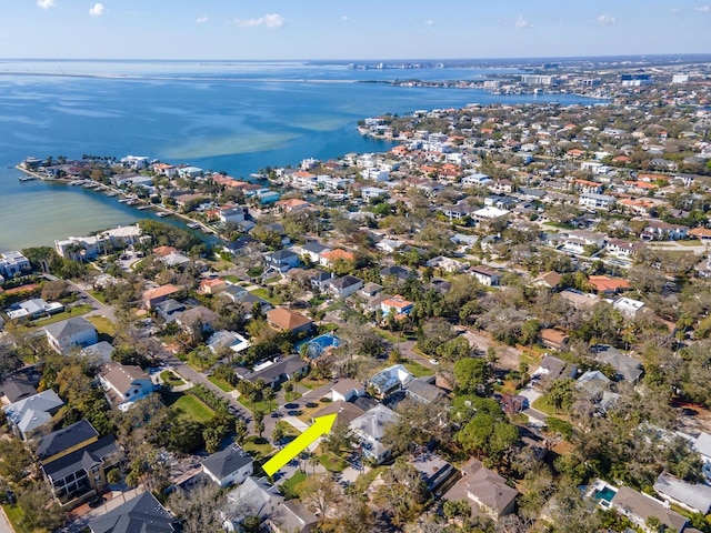 aerial view featuring a water view and a residential view