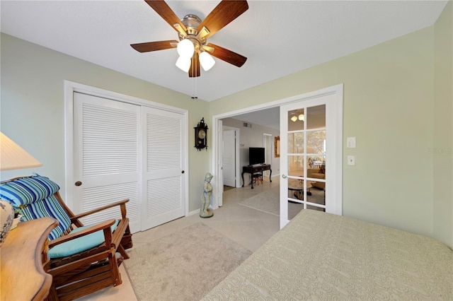 bedroom with visible vents, a closet, and ceiling fan