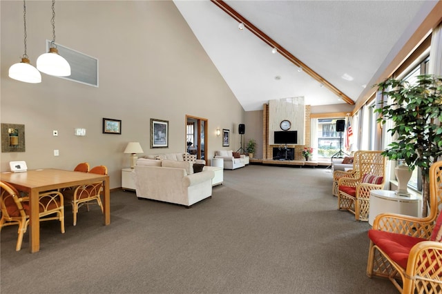 living area featuring rail lighting, high vaulted ceiling, and carpet flooring