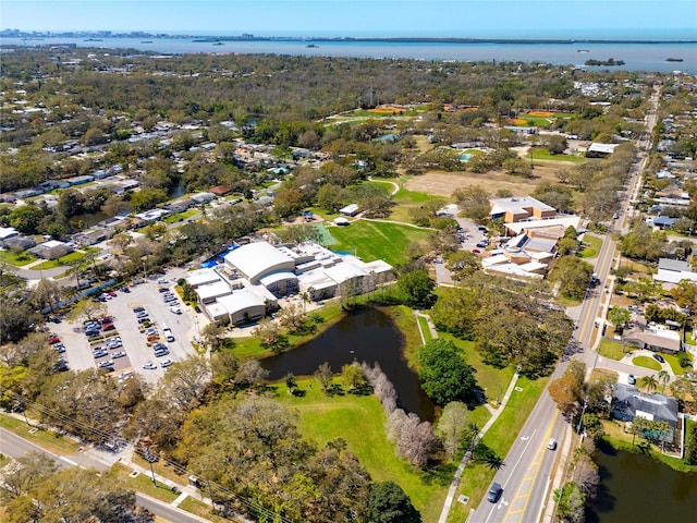 bird's eye view with a water view