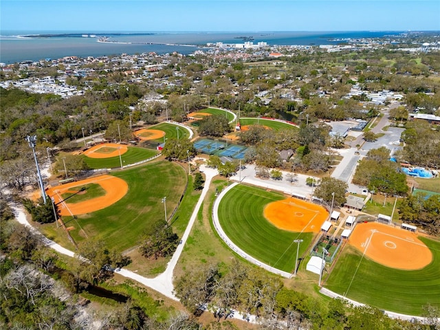 birds eye view of property featuring a water view