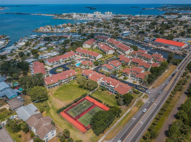 bird's eye view with a water view