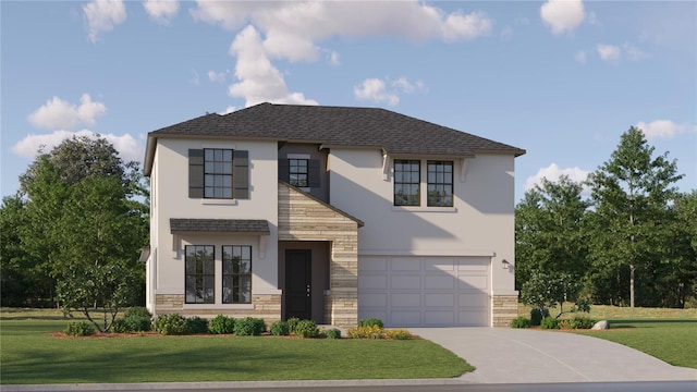 view of front facade with stucco siding, a front lawn, stone siding, concrete driveway, and a garage