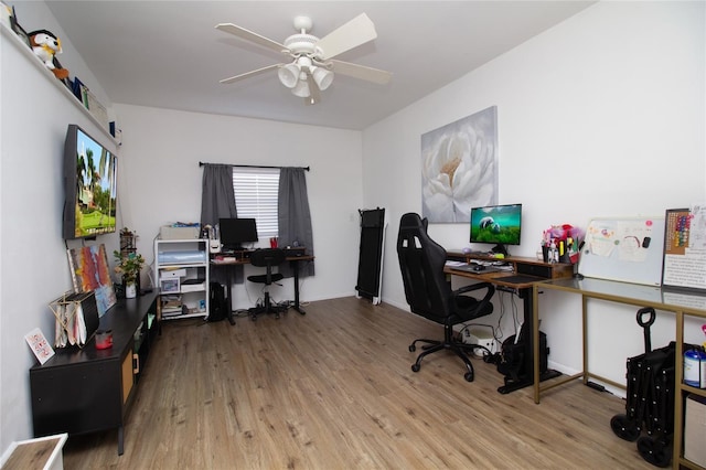 office featuring a ceiling fan and wood finished floors