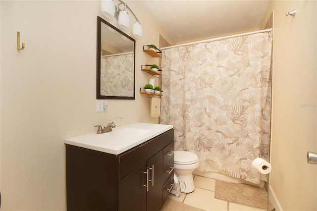 full bath with tile patterned flooring, a shower with curtain, toilet, and vanity