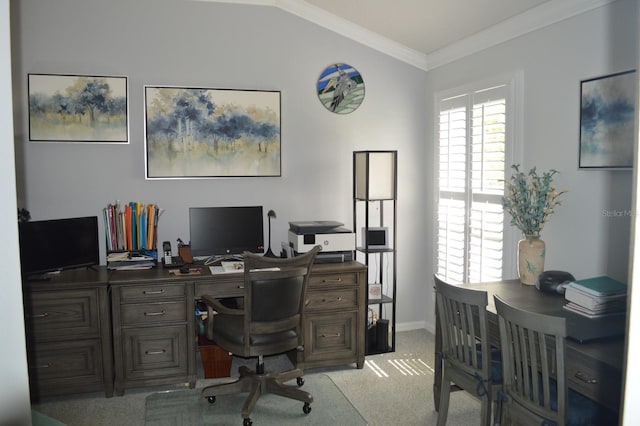 home office featuring light carpet, lofted ceiling, and crown molding