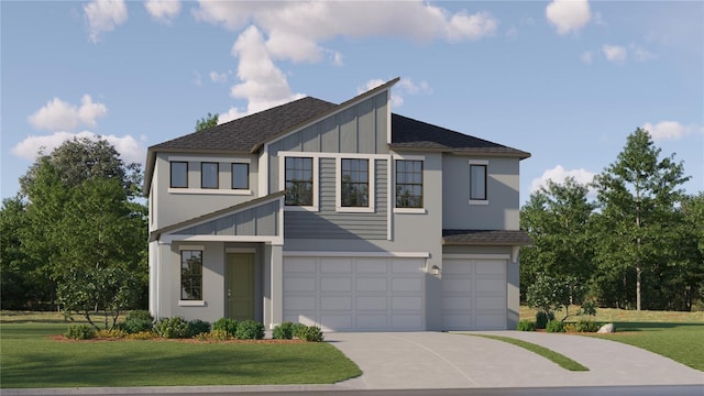 modern home with a shingled roof, board and batten siding, concrete driveway, an attached garage, and a front yard