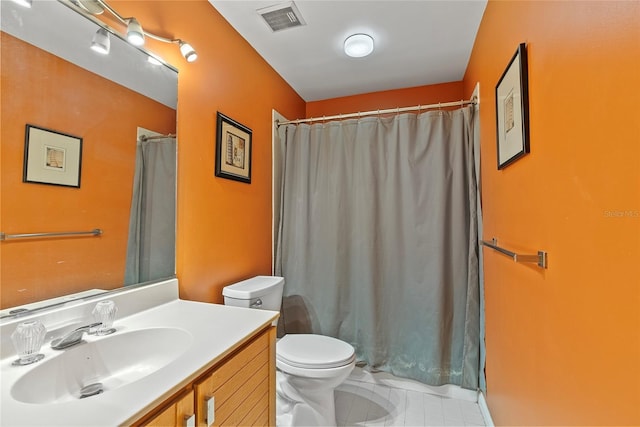 bathroom featuring visible vents, toilet, curtained shower, tile patterned flooring, and vanity