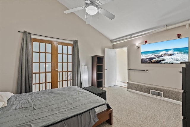 bedroom with visible vents, baseboards, carpet floors, high vaulted ceiling, and a ceiling fan