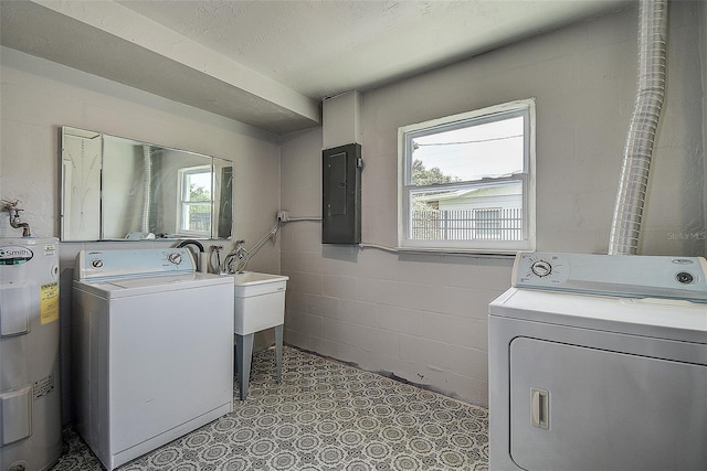 laundry room featuring laundry area, electric panel, electric water heater, and washing machine and clothes dryer