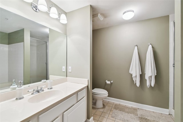 full bath featuring vanity, baseboards, a stall shower, tile patterned floors, and toilet