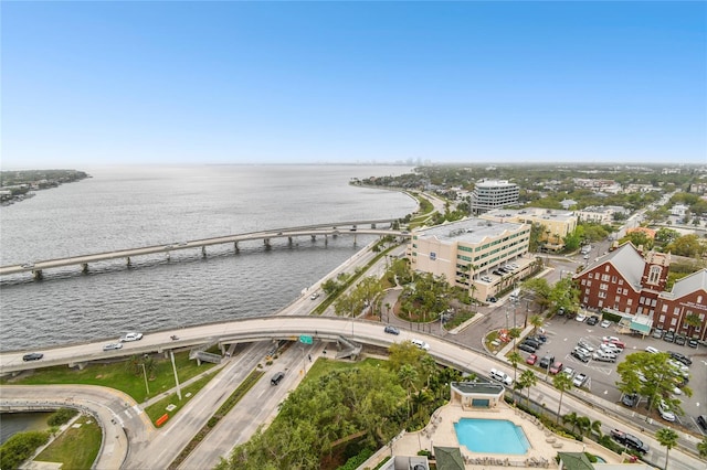 birds eye view of property featuring a water view